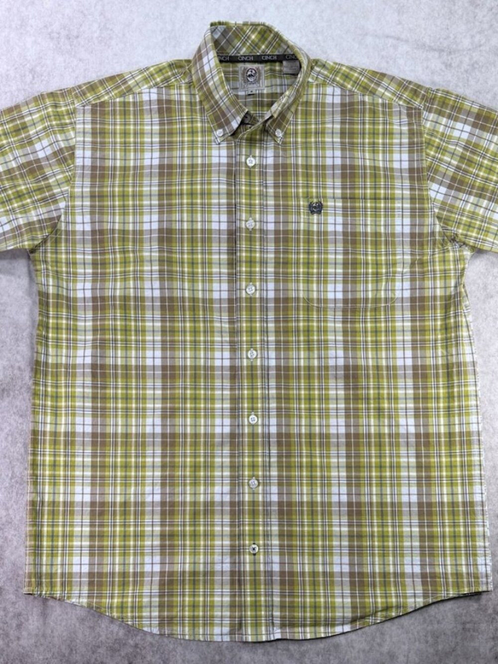 Cinch Western Shirt Mens Smal S/S Green and Brown Plaid Button Down EUC